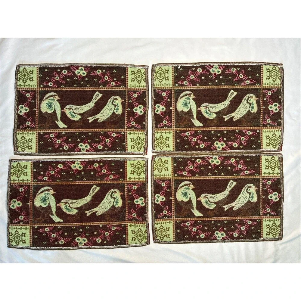 Christmas Winter Bird Tapestry Placemats Set/4 Holiday Snow Holly Gold Metallic